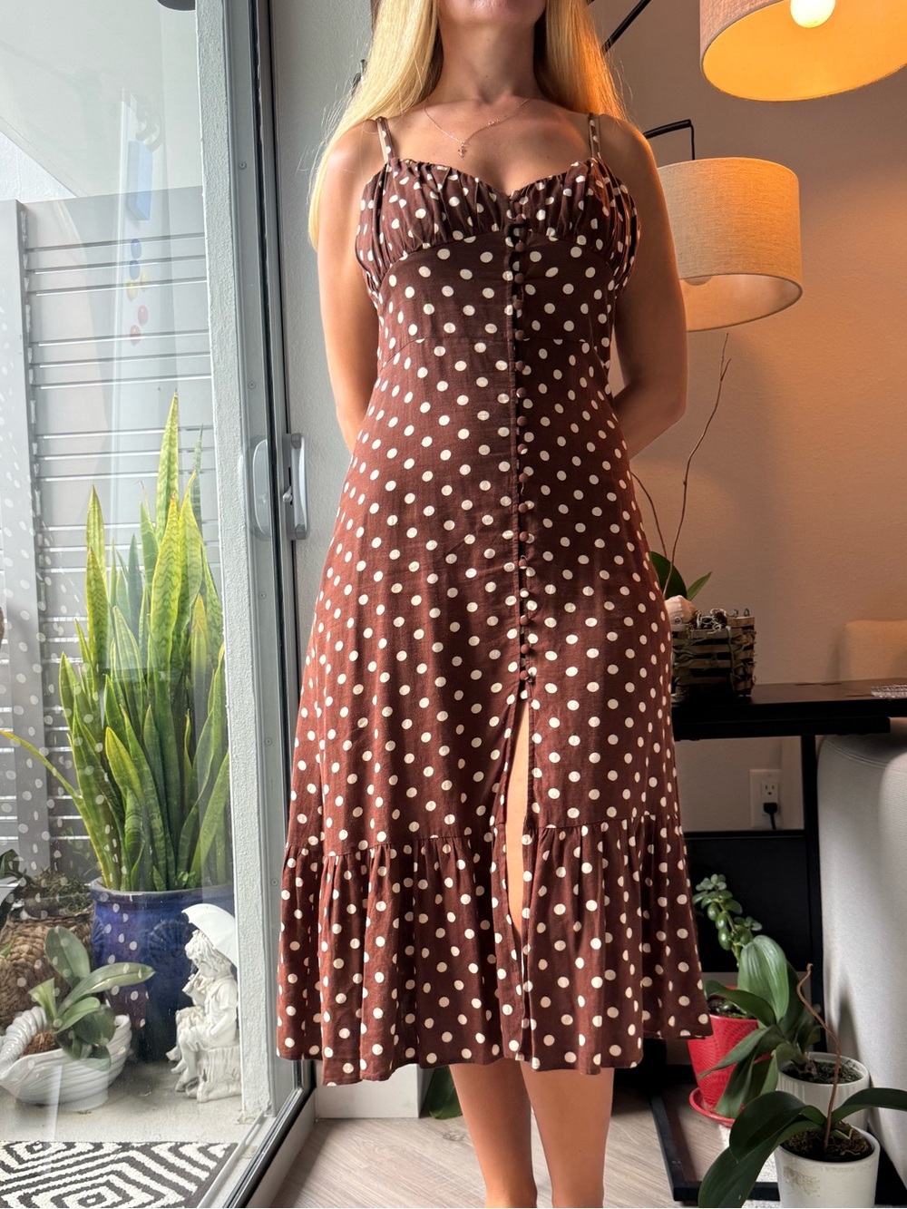 Zara Brown Polka Dot Midi Dress with Button Front